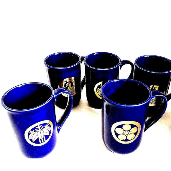 Asian Design Skinny Coffee Mug Cup Cobalt Blue Shiny Gold Signs Set 5  Vintage - Picture 3 of 10